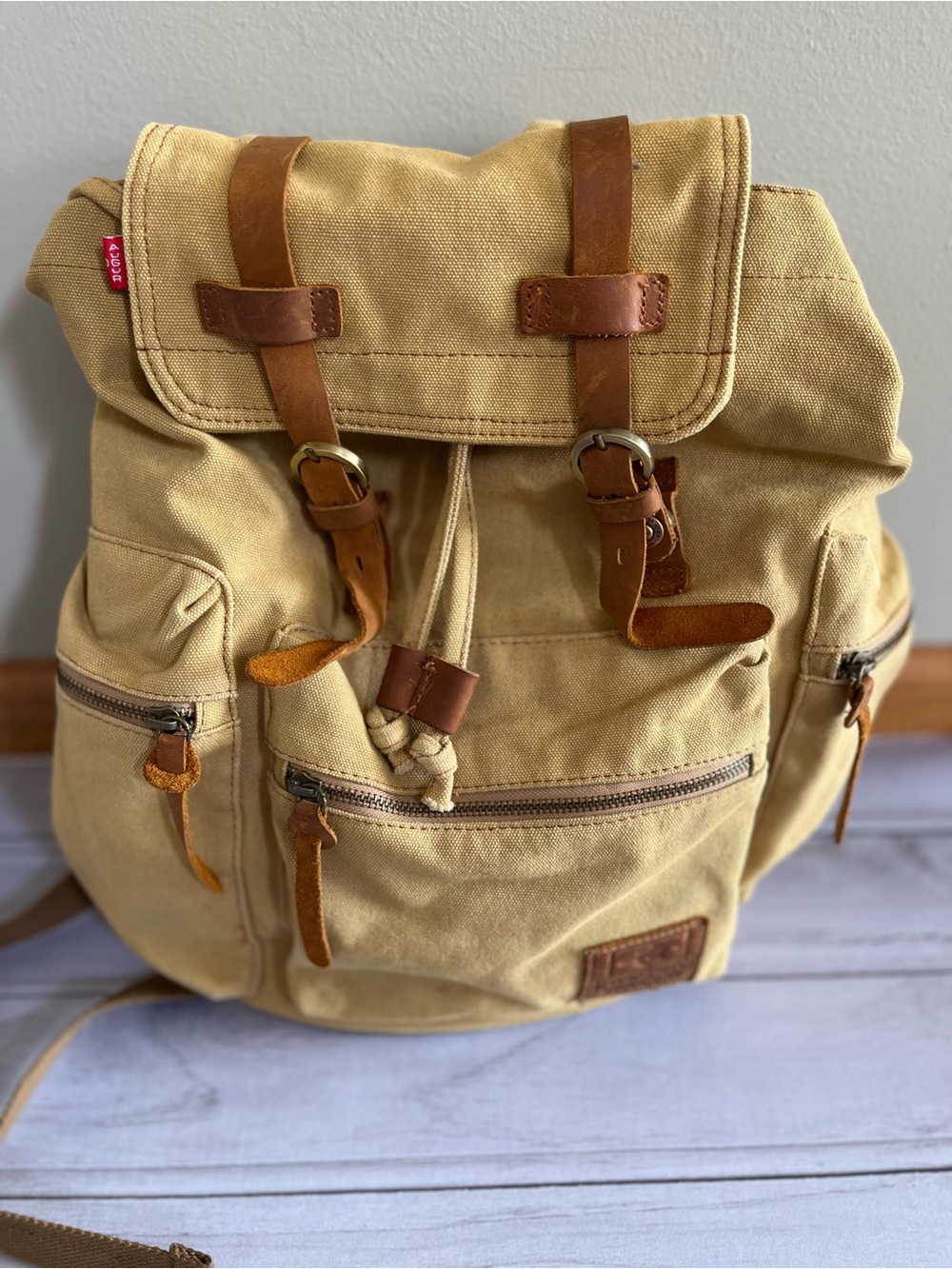 Augur Strauss & Co khaki canvas leather high capacity back pack rucksack.